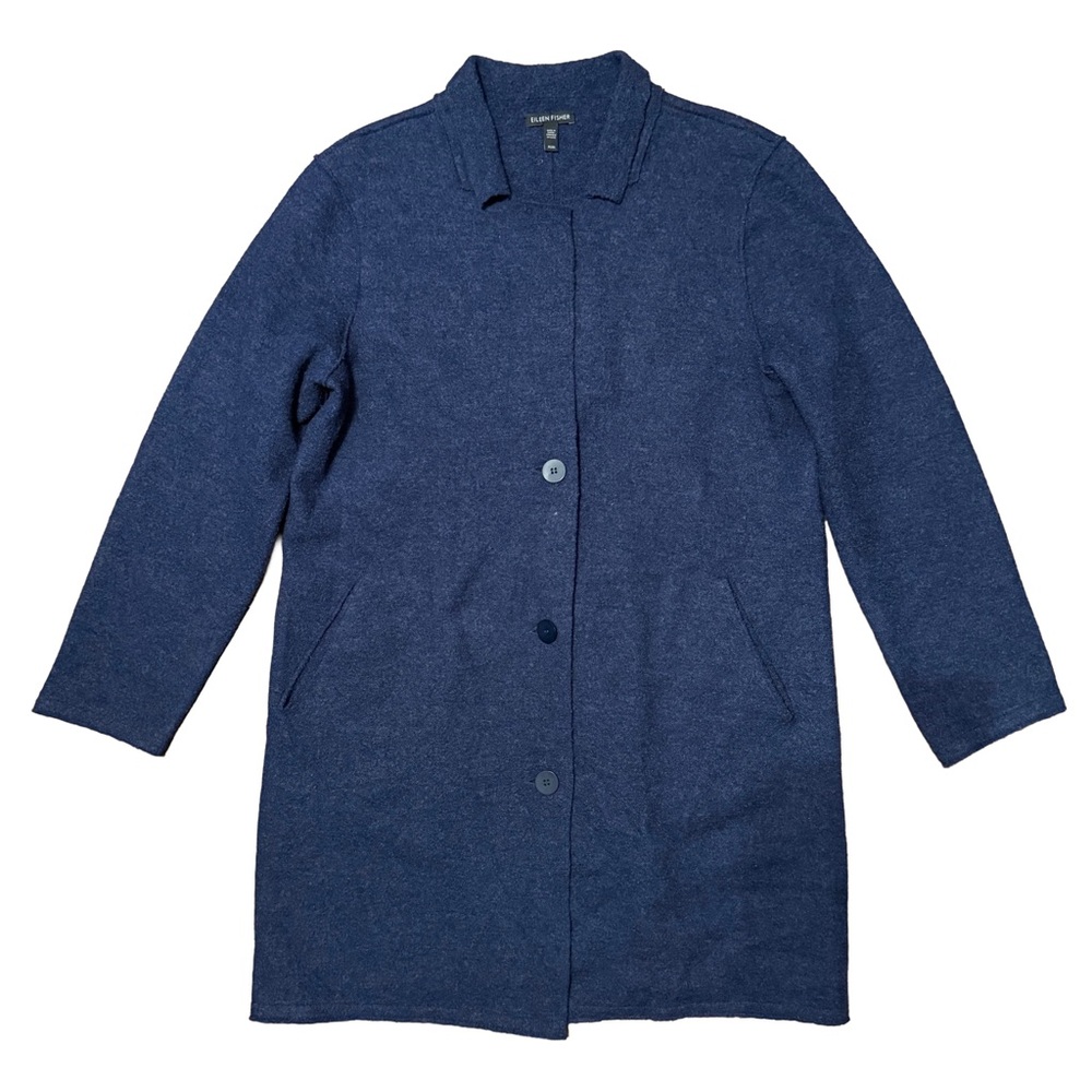 Eileen Fisher Navy Wool Single Breasted Coat Minimalist Quiet Luxury Capsule